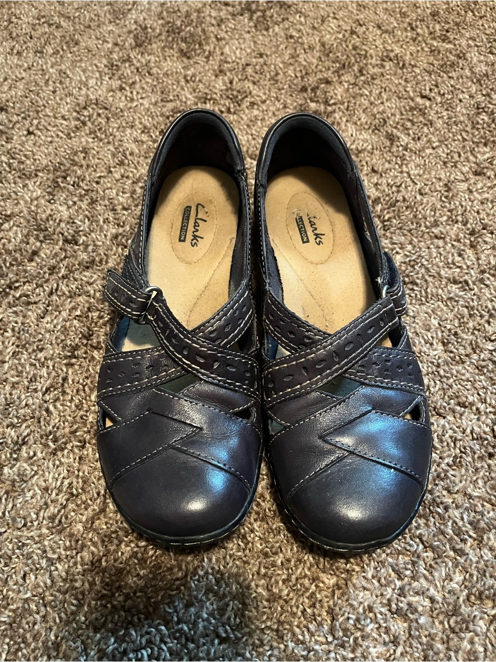 Clarks Collection Women’s Leather Mary Jane Flats Size 5 Navy Blue Comfort Shoes